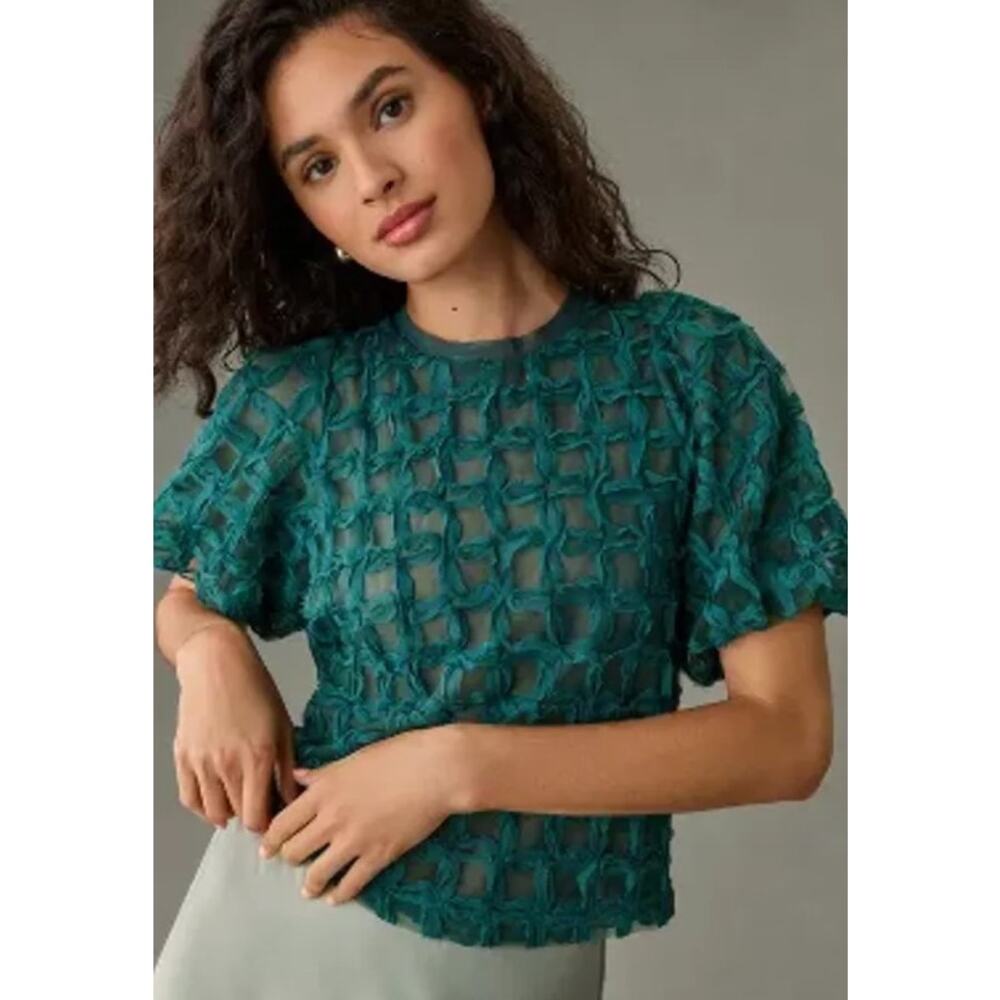 NEW Anthropologie Sarah Hann Karla Textured Green Top Size XS Green